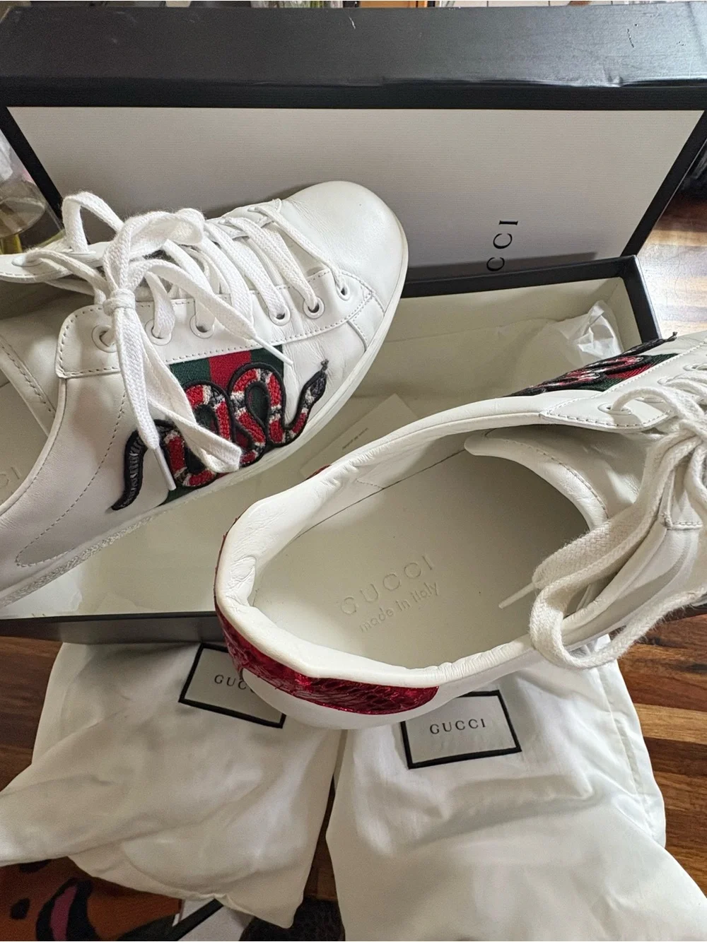 Gucci White Leather Sneakers with Red Snake Embroidery
